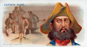 Carte de cigarette Capitaine Kidd, enterrant un trésor, pub. 1888 lithographie en couleur - American School