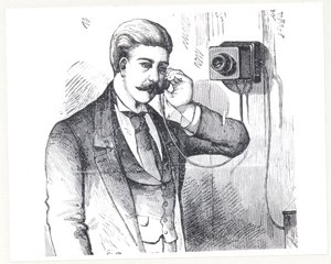 Téléphone à condensateur en usage, de The Electric Telephone par George Bartlett Prescott, 1890 - American School