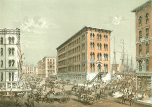 Coin de Clark et South Water Street, de Chicago Illustrated, avec descriptions littéraires par James W. Sheahan, publié par Jevne & Almini, Chicago, 1866-67