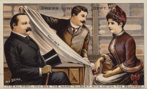 Couple achetant du tissu pour doublure de robe dans un grand magasin - American School