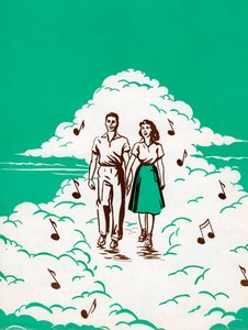 Couple marchant dans les nuages entouré de notes musicales