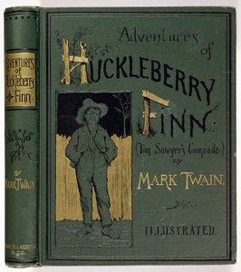 Couverture des Aventures de Huckleberry Finn par Mark Twain, première édition américaine, publiée par Charles L. Webster, 1885 - American School