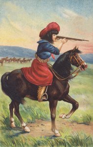 Cowgirl à cheval visant un fusil (chromolitho) - American School