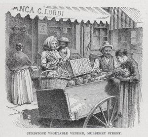 Vendeur de légumes sur le trottoir, Mulberry Street (lithographie) - American School