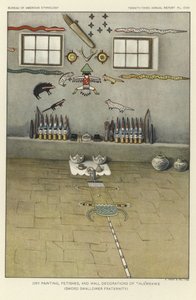 Peinture sèche, fétiches et décorations murales des Thlewekwe (confrérie des avaleurs de sabres) (lithographie couleur) - American School