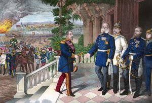Guerre franco-prussienne 1870-1871 : La reddition de Napoléon III après la bataille de Sedan, 2 septembre 1870. Gravure en couleur, américaine, vers 1871 - Guerre de 1870 : Napoléon III (1808-1873) prisonnier après la bataille de Sedan rencontre Guillaume 
