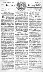 Première page du Boston Evening Post annonçant la mort du roi George II (1683-1760), 5 janvier 1761