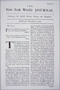 Première page du New-York Weekly Journal discutant de la liberté de la presse