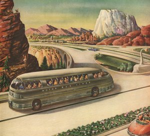 Bus de passagers futuriste voyageant sur une autoroute dans le sud-ouest américain