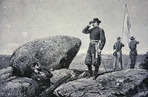Général G.K. Warren à la station de signalisation sur Little Round Top, bataille de Gettysburg - American School