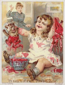 Fille trempant un chat et une poupée dans une teinture rouge - American School
