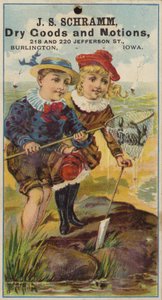 Fille et garçon pêchant dans une mare - American School
