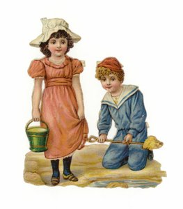 Fille et garçon construisant des châteaux de sable - American School