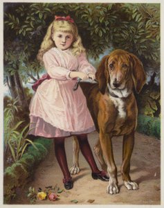 Fille tenant un chien de Saint-Hubert en laisse - American School