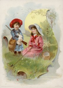Fille tenant un lapin blanc, fille pêchant - American School