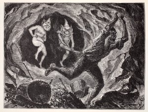 Gnomes terrifiant un mineur, du Guide mondial des gnomes, fées, elfes et autres petits peuples de Thomas Keightley (1789-1872) publié en 1880 - American School