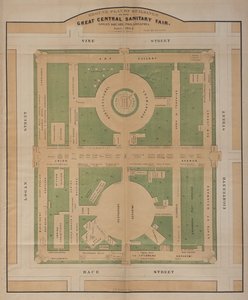 Plan au sol des bâtiments de la Grande Foire Sanitaire Centrale, Logan Square, juin 1864 (lithographie en couleur) - American School