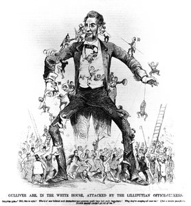 Gulliver Abe, à la Maison Blanche, attaqué par les chercheurs de bureau lilliputiens, de Frank Leslies Budget of Fun, 15 mars 1861 - American School
