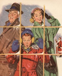 Famille heureuse regardant des cadeaux dans une vitrine la veille de Noël - American School