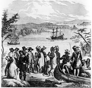 Henry Hudson descendant la rivière Hudson, illustration de Ballou