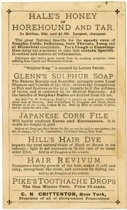 Hills Hair & Whisker Dye, Meilleur jamais inventé, C.N. Crittenton, Propriétaire, New York, Carte de commerce, verso - American School