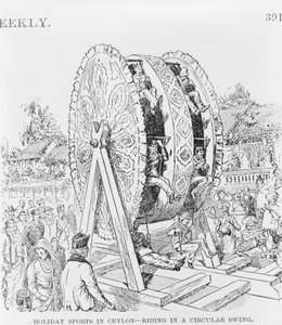 Sports de vacances à Ceylan, monter dans une roue circulaire, vers 1893 (illustration) - American School