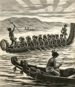 Illustration de guerriers maoris en pirogue