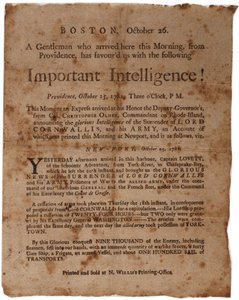 Intelligence importante ! (annonçant la reddition de Cornwallis à Yorktown), petite affiche imprimée par M. Willis, Boston, 26 octobre 1781 - American School