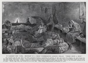 Dans le New York le plus sombre, minuit dans une cave de logement bon marché, "trois cents la place" (lithographie) - American School
