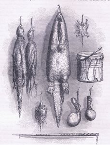 Sac de médecine indien, sifflet mystère, batailles et tambour 1661, illustration de l