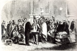 James Buchanan, président des États-Unis, incitant les tribus hostiles des Pawnees et des Poncas à se serrer la main, 1858 - American School