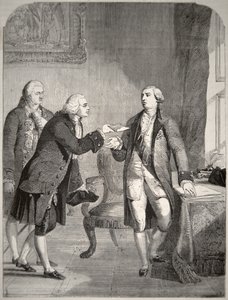 John Adams (1735-1826) en tant que premier ambassadeur américain à la cour anglaise, présentant ses lettres de créance au roi George III (1738-1820) - American School
