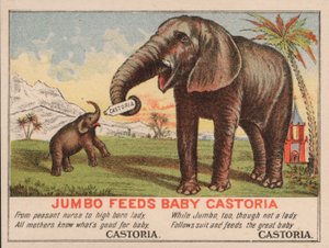 Jumbo nourrit le bébé Castoria, publicité pour le médicament Castoria de Fletcher, avec l
