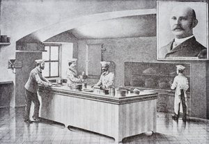 Cuisine de la Maison Blanche dans les années 1890, avec portrait en médaillon de Hugo Ziemann - American School
