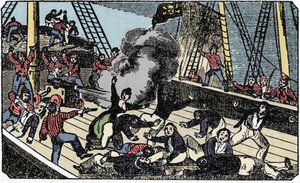 La mort du pirate gentilhomme Jean Lafitte (1780-1826), gravure de The pirate own book 1837. - American School