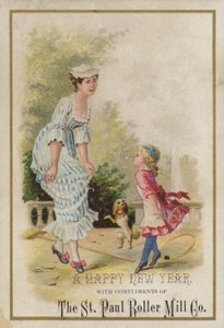 Dame et fille dansant, carte de Nouvel An