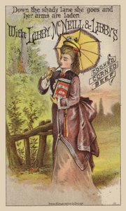 Dame marchant avec une grande boîte de corned-beef - American School