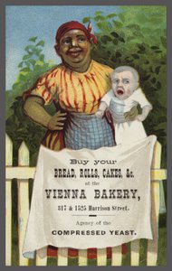 Dame avec bébé faisant la publicité de la boulangerie de Vienne
