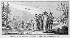 Débarquement des Pères Pèlerins à Plymouth sur Cape Cod, Massachusetts, 22 décembre 1620, imprimé dans History and Antiquity of New England, New York... 1842