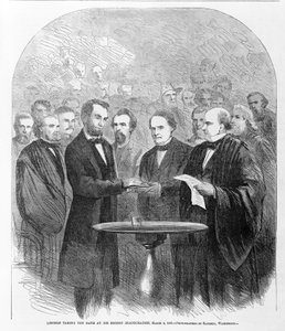 Lincoln prêtant serment lors de sa deuxième investiture, 4 mars 1865, publié en 1865 - American School