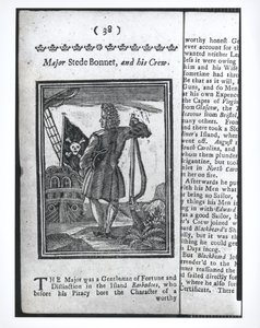 Major Stepe Bonnet, page 38 de Histoires et vies de tous les pirates les plus notoires et de leurs équipages, Londres, 1725