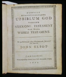 Mamusse Wunneetupanatamwe up-Biblum God (La Sainte Bible entière de Dieu), page de titre de La Bible, également connue sous le nom de Bible indienne d