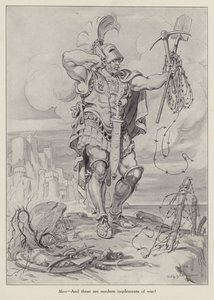 Mars, le dieu romain de la guerre, tenant des pelles et du fil de fer barbelé utilisés dans la guerre des tranchées (litho) - American School