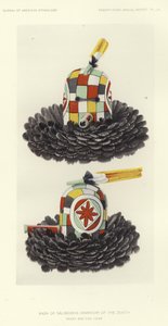 Masque de Salimobiya (guerrier) du zénith - vues de face et de profil (lithographie couleur) - American School
