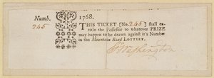 Billet de loterie de Mountain Road, signé par George Washington (1732-99) 1768 - American School
