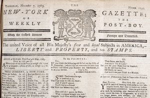 En-tête de la New York Gazette déclarant son opposition aux timbres, imprimé le 7 novembre 1765 - American School