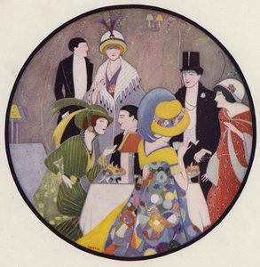Des gens se retrouvent après une pièce de théâtre, une scène de la nouvelle After The Play de J A Waldron (lithographie couleur). - American School