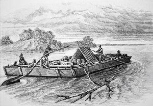 Chaland pionnier sur le fleuve Mississippi, c. 1840 (gravure)
