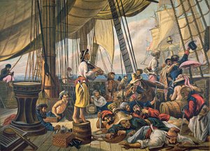 Des pirates tentant de tromper un navire de la marine américaine en se faisant passer pour un navire marchand innocent