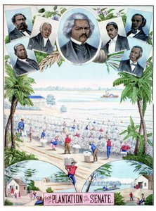 Plantations au Sénat : illustration représentant des travailleurs noirs dans les plantations de coton et des sénateurs noirs dans le sud des États-Unis. - American School
